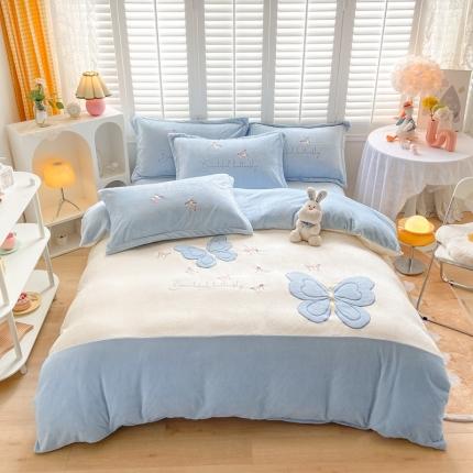 你好美丽 2025新款200克牛奶绒刺绣花卉3系列四件套 蝶雨纷飞蓝