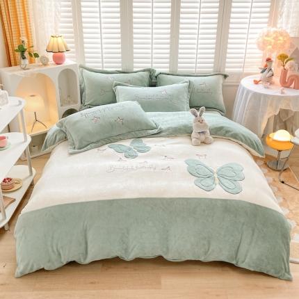 你好美丽 2025新款200克牛奶绒刺绣花卉3系列四件套 蝶雨纷飞绿