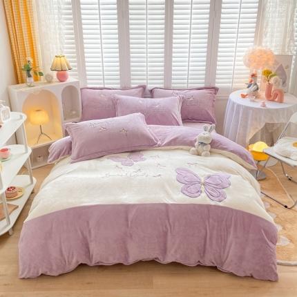 你好美丽 2025新款200克牛奶绒刺绣花卉3系列四件套 蝶雨纷飞紫