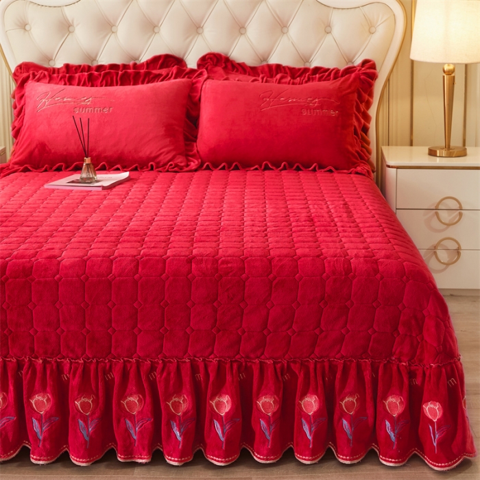 91家纺网 家纺一手货源 找家纺 恒爱 2023新款A类牛奶绒羽毛床盖三件套 羽毛-喜庆红