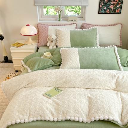 91家纺网 家纺一手货源 找家纺 艾米家居 2023新款秋冬懒兔玫瑰绒牛奶绒四件套 果绿