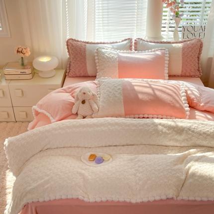 91家纺网 家纺一手货源 找家纺 艾米家居 2023新款秋冬懒兔玫瑰绒牛奶绒四件套 玉色
