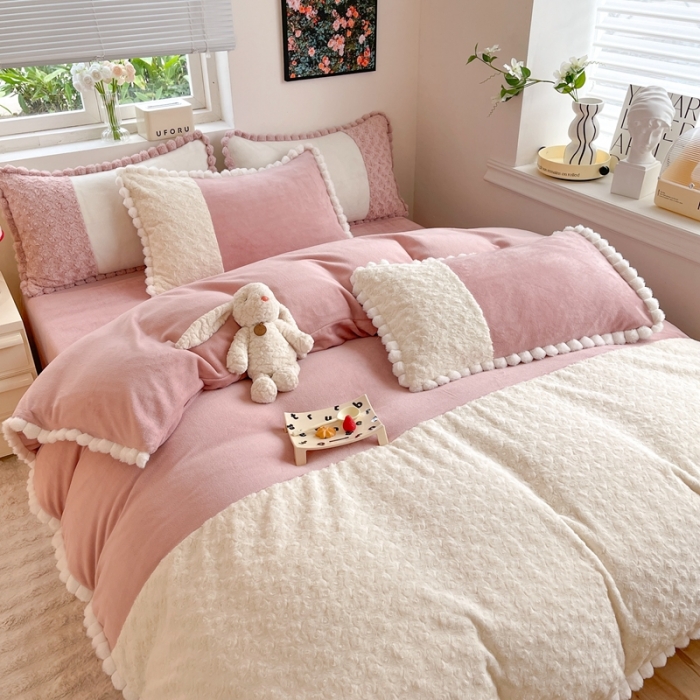 91家纺网 家纺一手货源 找家纺 艾米家居 2023新款秋冬懒兔玫瑰绒牛奶绒四件套 豆沙