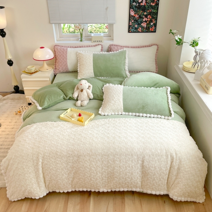 91家纺网 家纺一手货源 找家纺 艾米家居 2023新款秋冬懒兔玫瑰绒牛奶绒四件套 果绿