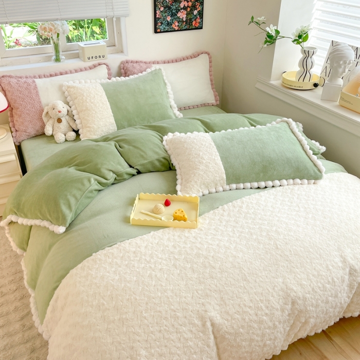 91家纺网 家纺一手货源 找家纺 艾米家居 2023新款秋冬懒兔玫瑰绒牛奶绒四件套 果绿