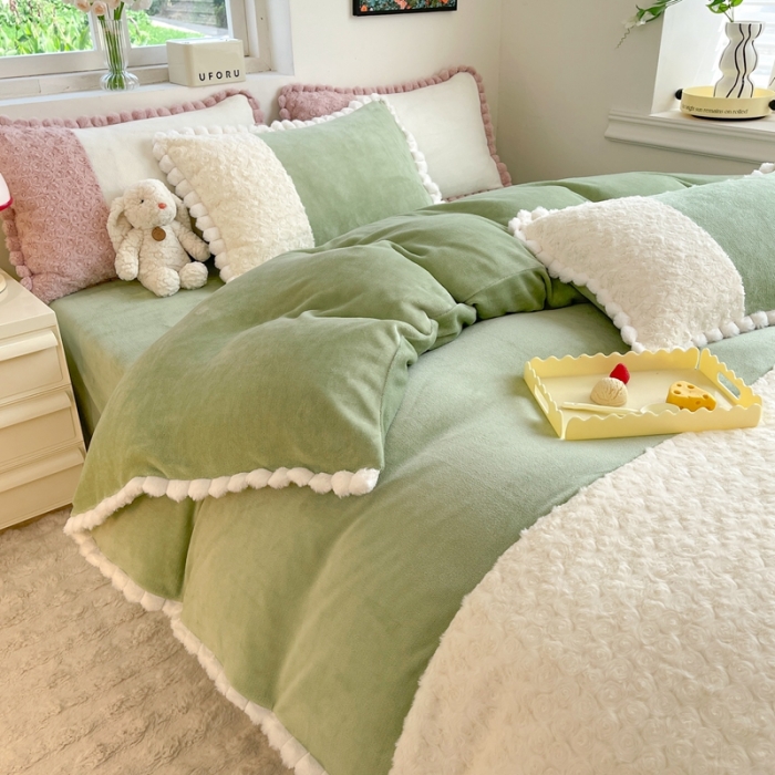 91家纺网 家纺一手货源 找家纺 艾米家居 2023新款秋冬懒兔玫瑰绒牛奶绒四件套 果绿