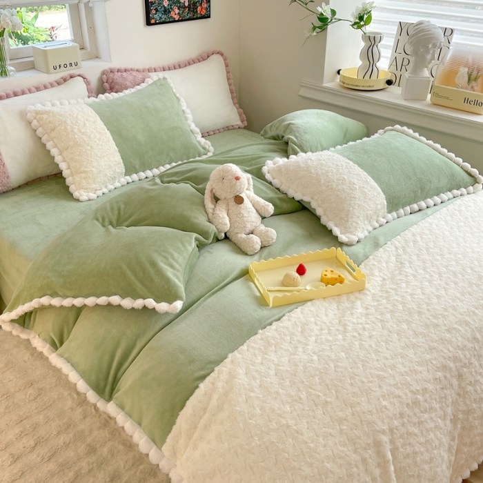 91家纺网 家纺一手货源 找家纺 艾米家居 2023新款秋冬懒兔玫瑰绒牛奶绒四件套 果绿