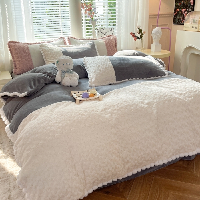 91家纺网 家纺一手货源 找家纺 艾米家居 2023新款秋冬懒兔玫瑰绒牛奶绒四件套 灰色