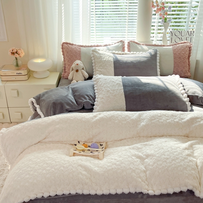 91家纺网 家纺一手货源 找家纺 艾米家居 2023新款秋冬懒兔玫瑰绒牛奶绒四件套 灰色