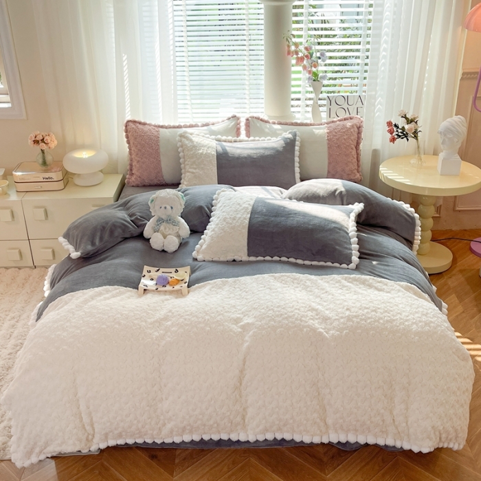 91家纺网 家纺一手货源 找家纺 艾米家居 2023新款秋冬懒兔玫瑰绒牛奶绒四件套 灰色