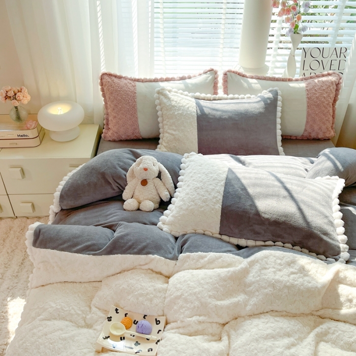 91家纺网 家纺一手货源 找家纺 艾米家居 2023新款秋冬懒兔玫瑰绒牛奶绒四件套 灰色