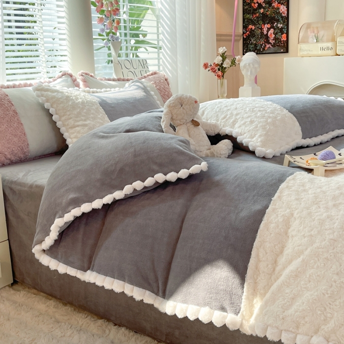 91家纺网 家纺一手货源 找家纺 艾米家居 2023新款秋冬懒兔玫瑰绒牛奶绒四件套 灰色