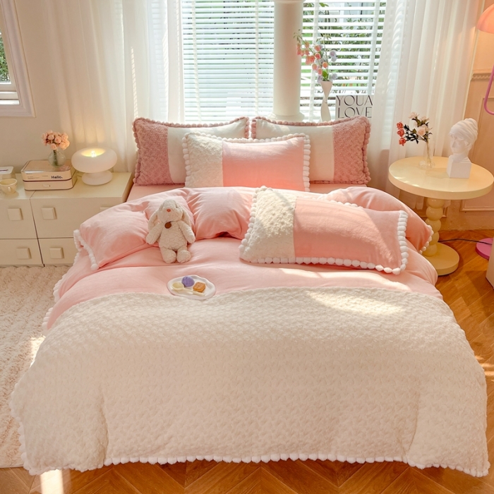91家纺网 家纺一手货源 找家纺 艾米家居 2023新款秋冬懒兔玫瑰绒牛奶绒四件套 玉色