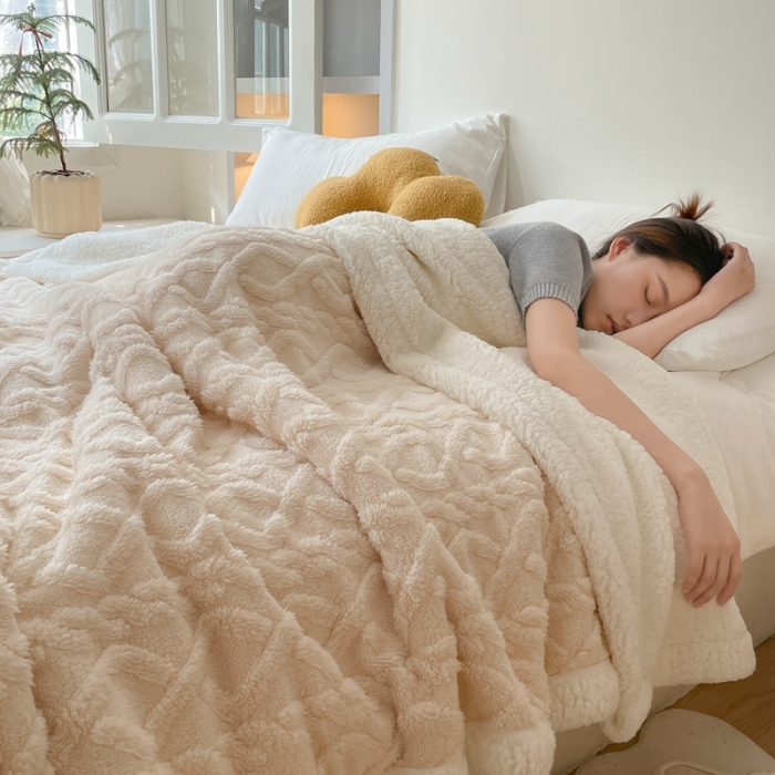 91家纺网 家纺一手货源 找家纺 欧邦 新款爆款AB版加厚提花塔芙绒羊羔绒毛毯 米白