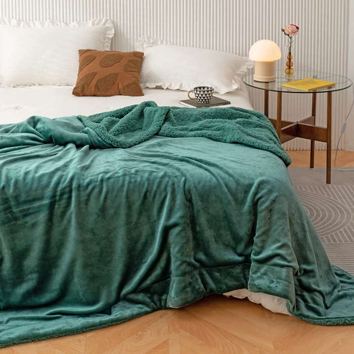 91家纺网 家纺一手货源 找家纺 欧邦 新款爆款纯色羊羔绒双层毛毯 海岛绿