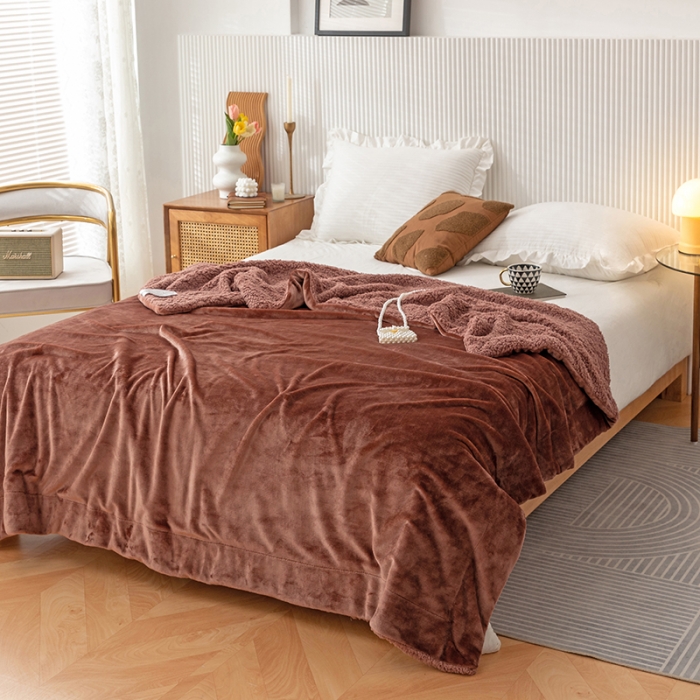 91家纺网 家纺一手货源 找家纺 欧邦 新款爆款纯色羊羔绒双层毛毯 亚麻咖