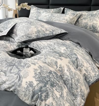 慕希2024新款数码印花牛奶绒婴儿绒保暖绒四件套 诗情画意-烟灰