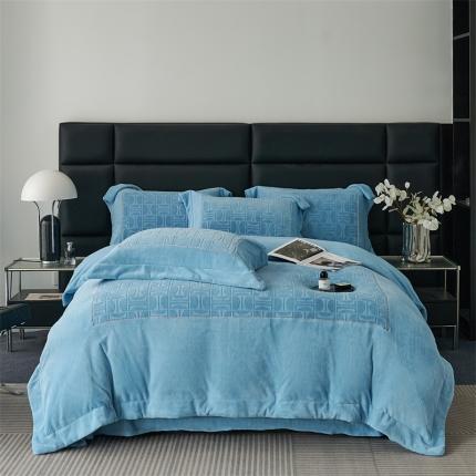 时亿 2023新款250g牛奶绒四件套凹凸有致 清透蓝