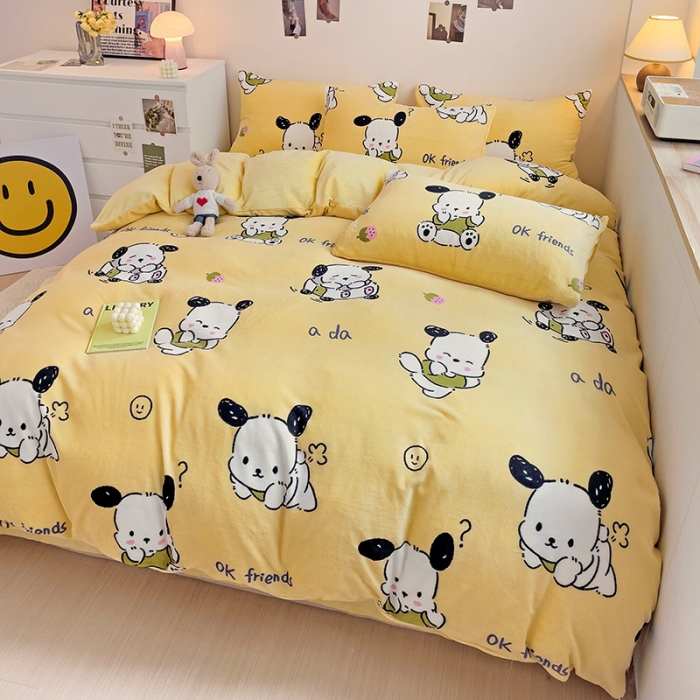 91家纺网 家纺一手货源 找家纺 西引力 2023新款加厚印花牛奶绒四件套法莱绒单被套直播调皮狗黄