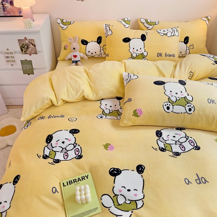 91家纺网 家纺一手货源 找家纺 西引力 2023新款加厚印花牛奶绒四件套法莱绒单被套直播调皮狗黄