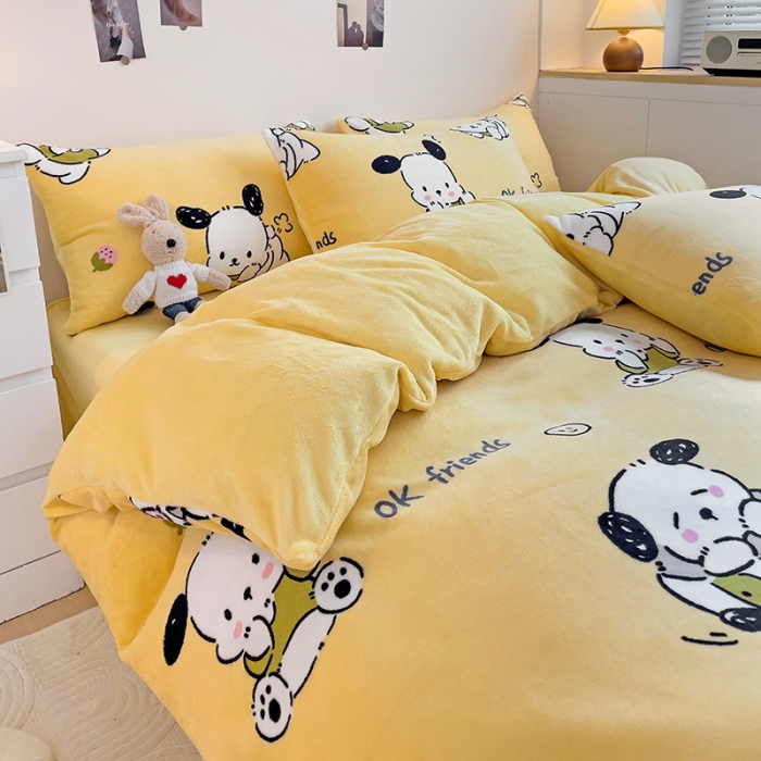 91家纺网 家纺一手货源 找家纺 西引力 2023新款加厚印花牛奶绒四件套法莱绒单被套直播调皮狗黄