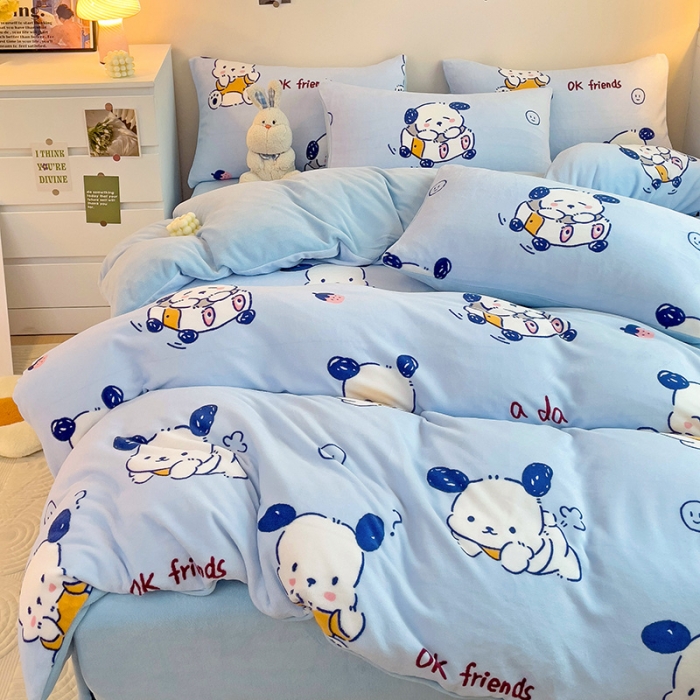 91家纺网 家纺一手货源 找家纺 西引力 2023新款加厚印花牛奶绒四件套法莱绒单被套直播调皮狗蓝