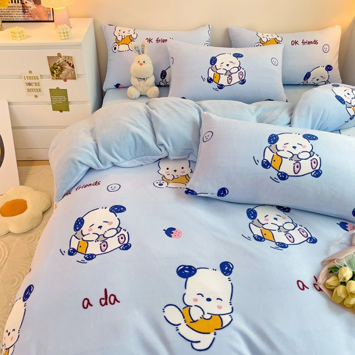 91家纺网 家纺一手货源 找家纺 西引力 2023新款加厚印花牛奶绒四件套法莱绒单被套直播调皮狗蓝