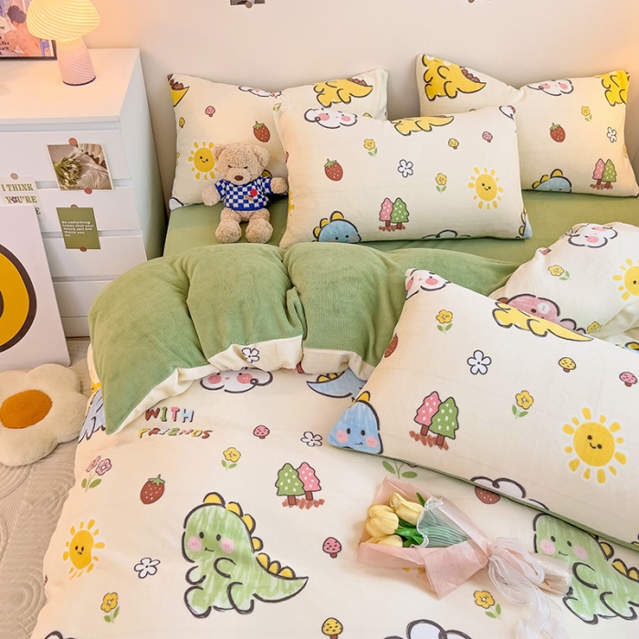 91家纺网 家纺一手货源 找家纺 西引力 2023新款加厚印花牛奶绒四件套法莱绒单被套直播淘气恐龙