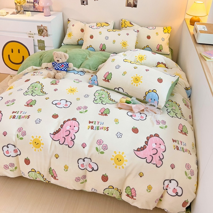 91家纺网 家纺一手货源 找家纺 西引力 2023新款加厚印花牛奶绒四件套法莱绒单被套直播淘气恐龙