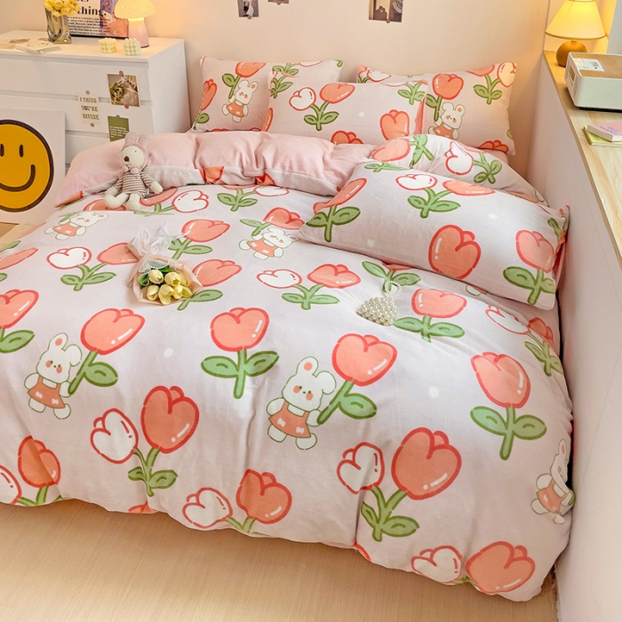 91家纺网 家纺一手货源 找家纺 西引力 2023新款加厚印花牛奶绒四件套法莱绒单被套直播幸运兔