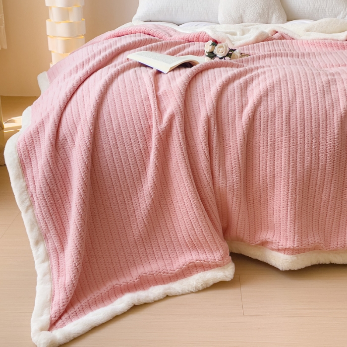 91家纺网 家纺一手货源 找家纺 春妮 2023新款A面编织绒+B面兔毛绒毛毯双层盖毯 豆沙粉