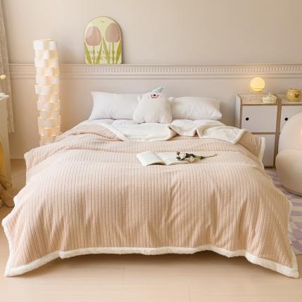 春妮 2023新款A面编织绒+B面兔毛绒毛毯双层盖毯 浅卡其