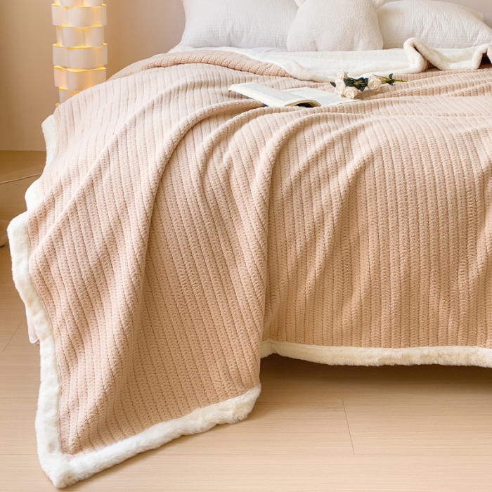 91家纺网 家纺一手货源 找家纺 春妮 2023新款A面编织绒+B面兔毛绒毛毯双层盖毯 浅卡其