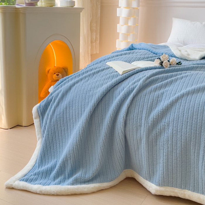 91家纺网 家纺一手货源 找家纺 春妮 2023新款A面编织绒+B面兔毛绒毛毯双层盖毯 天空蓝