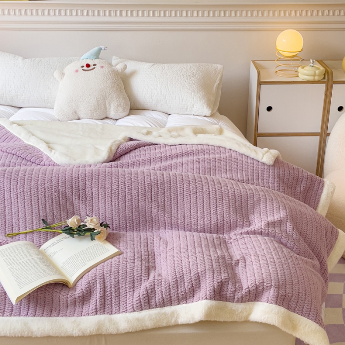 91家纺网 家纺一手货源 找家纺 春妮 2023新款A面编织绒+B面兔毛绒毛毯双层盖毯 芋泥紫