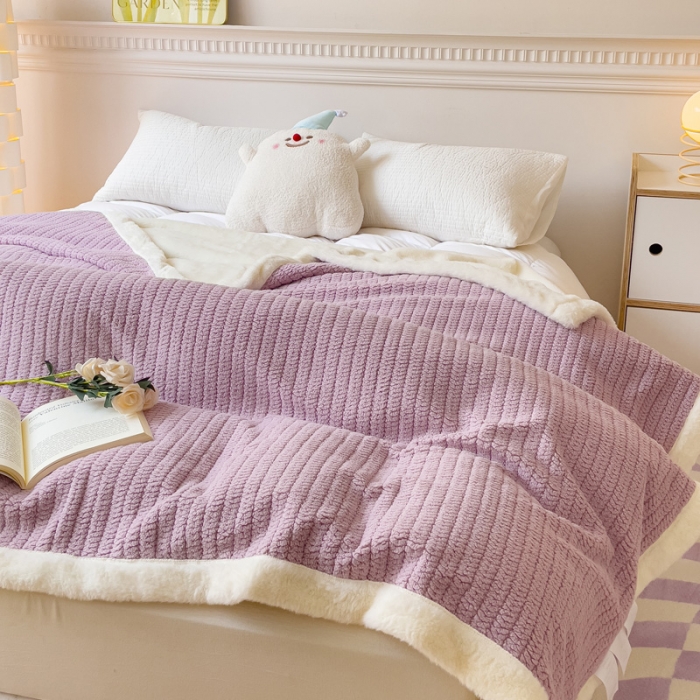 91家纺网 家纺一手货源 找家纺 春妮 2023新款A面编织绒+B面兔毛绒毛毯双层盖毯 芋泥紫