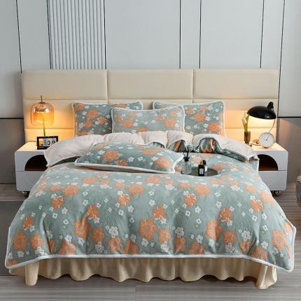 91家纺网 家纺一手货源 找家纺 畅畅家纺 2023新款A类雕花绒牛奶绒四件套 海棠花-浅绿