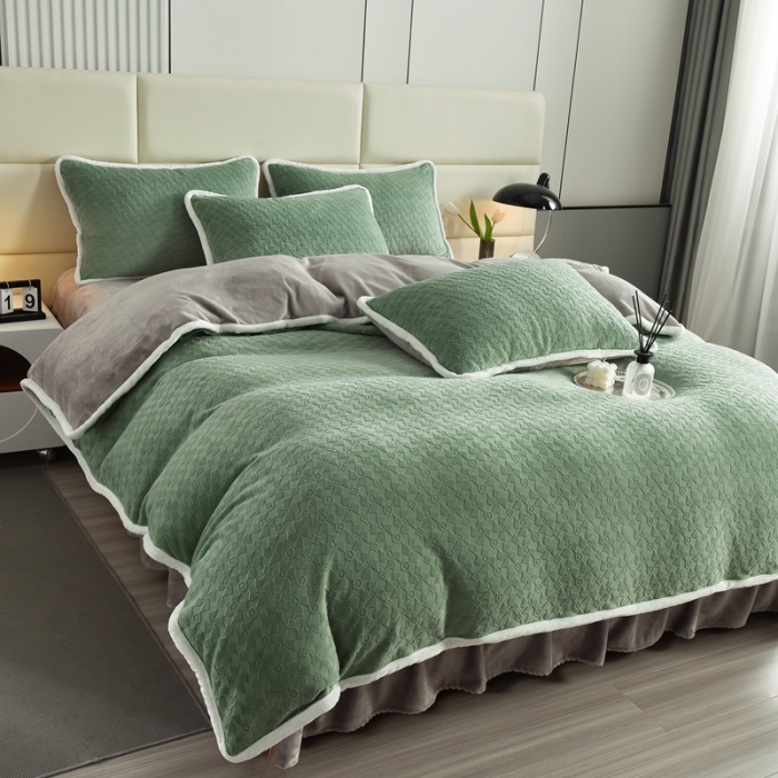 91家纺网 家纺一手货源 找家纺 畅畅家纺 2023新款A类雕花绒牛奶绒四件套 大风车-抹茶绿