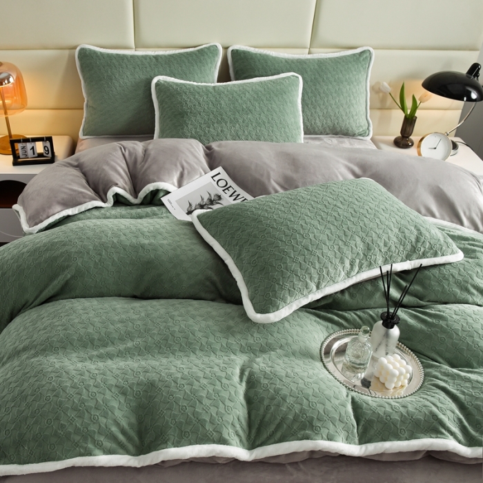 91家纺网 家纺一手货源 找家纺 畅畅家纺 2023新款A类雕花绒牛奶绒四件套 大风车-抹茶绿