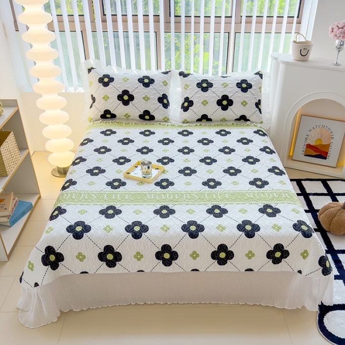 91家纺网 家纺一手货源 找家纺 冬然 2023新款全棉床盖纯棉床盖夹棉床单全棉床单纯棉床单四叶草·黑