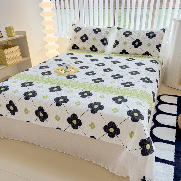 91家纺网 家纺一手货源 找家纺 冬然 2023新款全棉床盖纯棉床盖夹棉床单全棉床单纯棉床单四叶草·黑