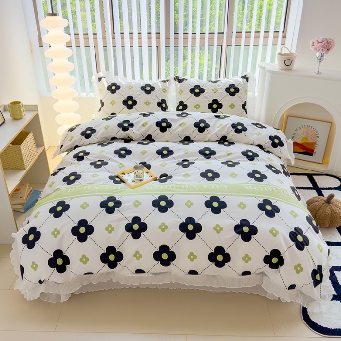 91家纺网 家纺一手货源 找家纺 冬然 2023新款全棉床盖纯棉床盖夹棉床单全棉床单纯棉床单四叶草·黑