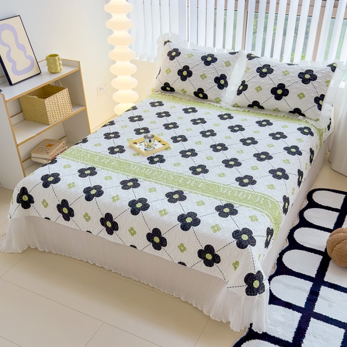 91家纺网 家纺一手货源 找家纺 冬然 2023新款全棉床盖纯棉床盖夹棉床单全棉床单纯棉床单四叶草·黑