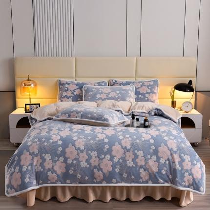 畅畅家纺 2023新款A类雕花绒牛奶绒四件套 海棠花-蓝