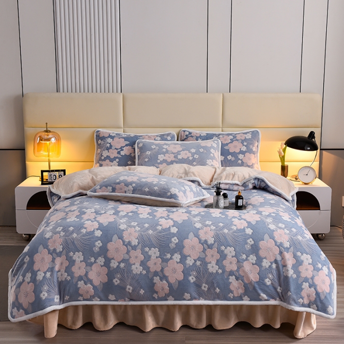 91家纺网 家纺一手货源 找家纺 畅畅家纺 2023新款A类雕花绒牛奶绒四件套 海棠花-蓝