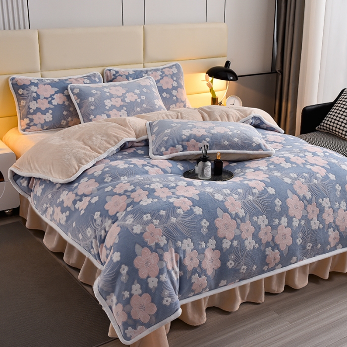 91家纺网 家纺一手货源 找家纺 畅畅家纺 2023新款A类雕花绒牛奶绒四件套 海棠花-蓝