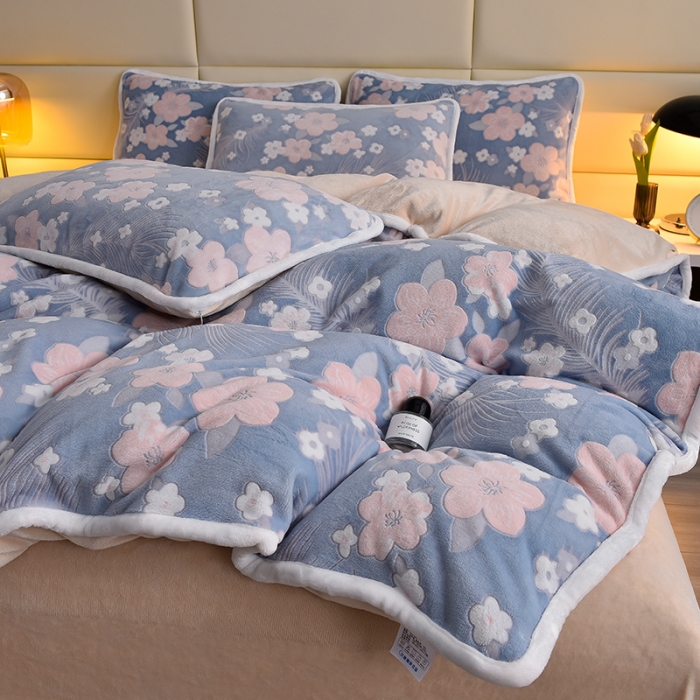 91家纺网 家纺一手货源 找家纺 畅畅家纺 2023新款A类雕花绒牛奶绒四件套 海棠花-蓝