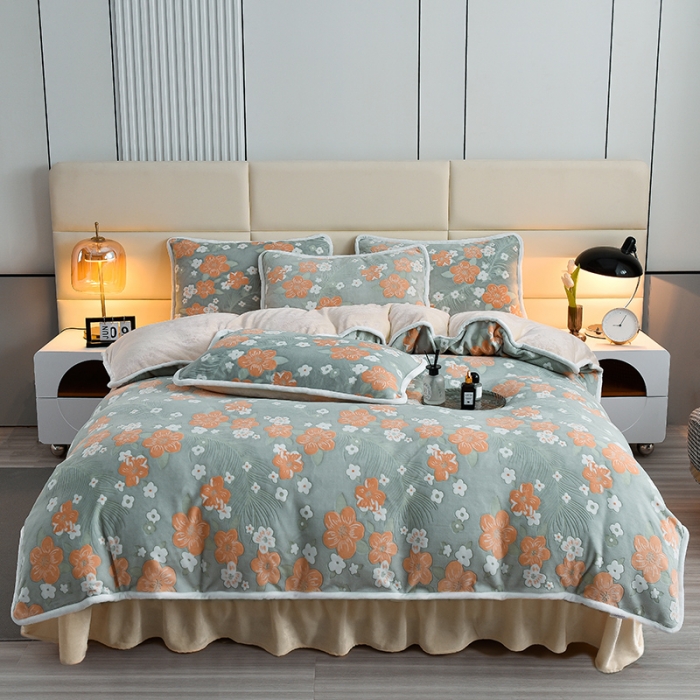 91家纺网 家纺一手货源 找家纺 畅畅家纺 2023新款A类雕花绒牛奶绒四件套 海棠花-浅绿