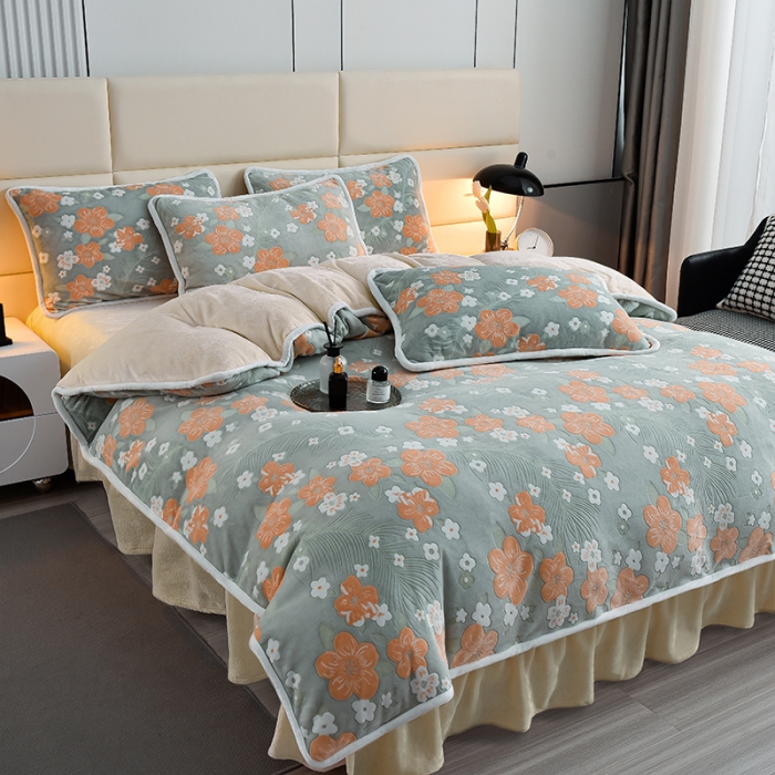 91家纺网 家纺一手货源 找家纺 畅畅家纺 2023新款A类雕花绒牛奶绒四件套 海棠花-浅绿