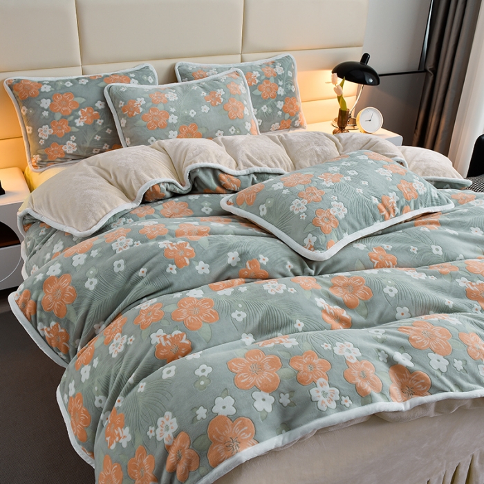 91家纺网 家纺一手货源 找家纺 畅畅家纺 2023新款A类雕花绒牛奶绒四件套 海棠花-浅绿